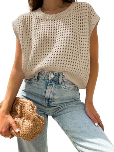 Womens Summer Crochet Tops Hollow Out Cap Sleeve Cover Up Tank Top Pullover Sweater Vest Beach Vacation Clothes2