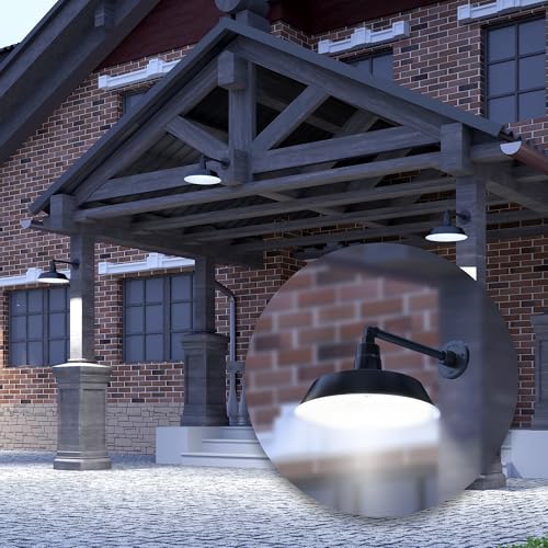 Image of 14in. Satin Black Outdoor Gooseneck Barn Light Fixture with 13in. Long Extension Arm - Wall Sconce Farmhouse, Vintage, Antique Style - UL Listed - 9W 900lm A19 LED Bulb (5000K Cool White)