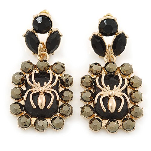Boucles d'oreilles araignée dorées et cristaux noir de qualité supérieure