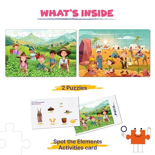 Image of Set of 2 Vacation Theme Jigsaw Puzzles for Kids 5+ Years, 48 Pieces Each, Tea Garden & Desert Scenes, Educational Puzzle Game with Activity Sheet, Cognitive Development Toy