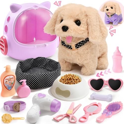 Cleboen 17pcs Robot Dog Toys for Girls Kids Boys 3-6, Realistic Interactive Robot Puppy Dog Plush Toys with Walk & Bark, Pretend Play Puppy Pet Care...