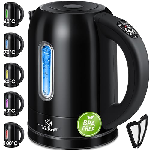 KESSER Wasserkocher 2200W Edelstahl 1,7L mit LED Beleuchtung-Farbe je nach Temperaturwahl 60, 70, 80, 90, 100 °C | Inkl. 70cm Kabel, Teefiltereinsatz & Kalk-Filter, BPA- FREE, 2 Std Warmhaltefunktion