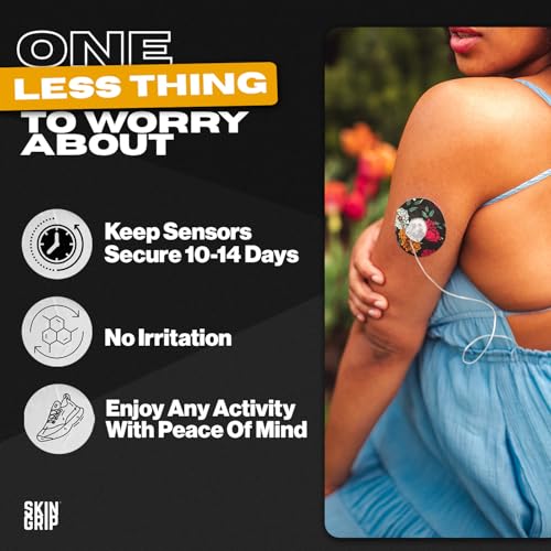 Image of Skin Grip Universal Adhesive Patches for CGM and Insulin Pumps (10-Pack), 0.8-Inch Hole, Waterproof & Sweatproof for 10-14 Days, Pre-Cut Adhesive Tape, Continuous Glucose Monitor Protection, Floral