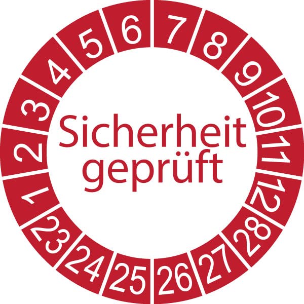 1000 x Prüfplakette/Sicherheitsplakette 30 mm Durchmesser mit untersch. Beschriftungen (1000 Stück, Sicherheit geprüft - rot - weiß)
