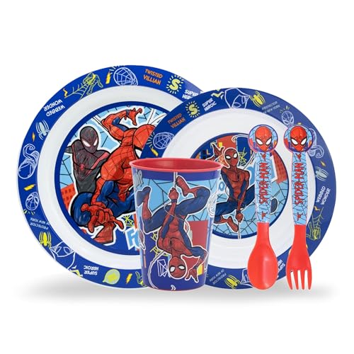 Sorrisini Ensemble de vaisselle pour enfant, Vaisselle réutilisable pour enfants, Services pour Enfant et adapté au micro-ondes, Set de table pour enfant, assiette et bol, couverts tasse, Spiderman