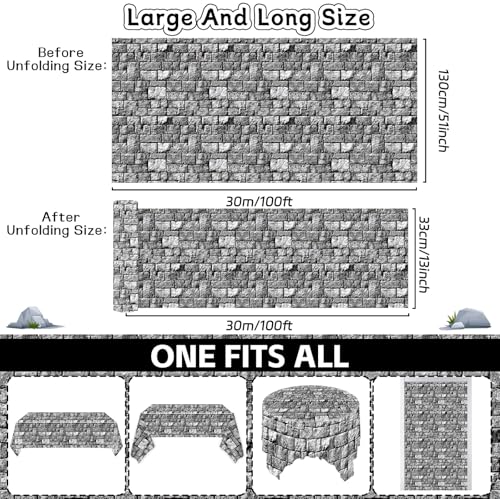 Image of party greeting Brick Stone Wall Tablecloth Roll Disposable Stone Wrapping Plastic Table Cover Castle Backdrop for Halloween Western Birthday Medieval Party Decoration Favors Supplies 100FT x 51 Inch