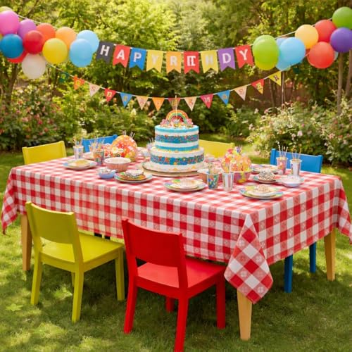 Image of Party Dimensions Red Gingham Disposable Plastic Tablecloths for Rectangle Tables, 54 inch x 108 inch, 12-Pack, Plastic Table Covers for Parties, Picnics, Events, Indoor & Outdoor Use