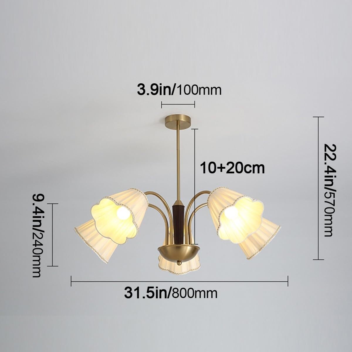 lustre, Lustre vintage en fer et tissu à 5 lumières, grand modèle(5 light)