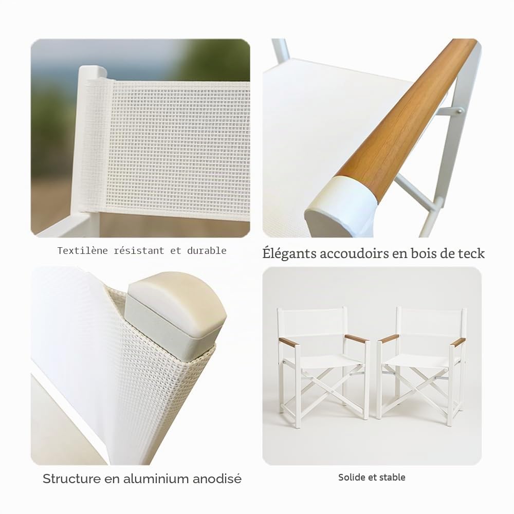 Lot de 2 chaises de réalisateur pliantes Fellini | en aluminium et textilène léger, respirant | de l'extérieur, de jardin, refermable, peint en poudre | 87 x 56 x 45 | Blanc