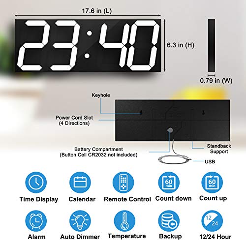 Image of CHKOSDA LED Large Digital Wall Clock, Oversize Wall Clock with 6 inch Numbers, Remote Control Count up /Countdown Timer Clock, Auto Dimmer, Big Calendar and Thermometer(White)