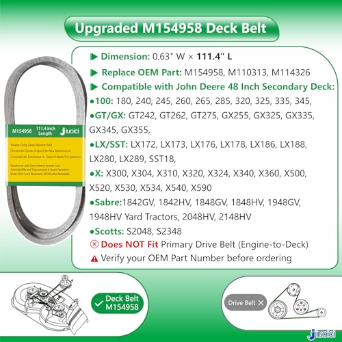 Image of M154958 (111.4 inch) Heavy-Duty Mower Deck Belt, Fits John Deere 48 inch Deck | Secondary Deck Belt, Fits John Deere 48 inch GT235 GT262 X300 320 345 325 180 245 265 GX345 LX280, Aramid Core, Zero-Stretch