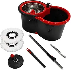 Mop com Balde Giratório Cesto em Inox 13 Litros Esfregão para Limpeza Lava e Seca com 2 Refis de Microfibra com Dispenser Premium