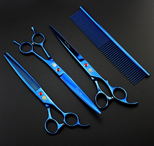 Image of Purple Dragon 8 inch 3 in 1 Professional Pet Grooming Thinning Scissors - Upward Curved Shears and Dog Hair Cutting Scissor - Perfect for Pet Groomer or Family DIY Use (Blue)