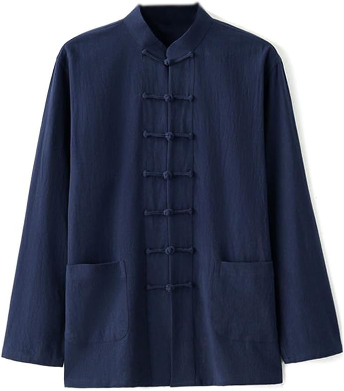 ZHOUXIAO Martial Arts Kung Fu Jacket - Chinese Traditional Tang Suit, Cotton Linen Tai Chi Long Sleeved Coats cyan-L