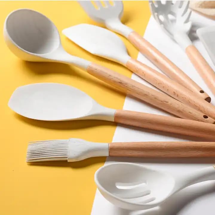 Miniatura 5 de Juego de utensilios de cocina de cocina, 12 piezas para colorear mármol, silicona resistente al calor de grado alimenticio con asas de madera