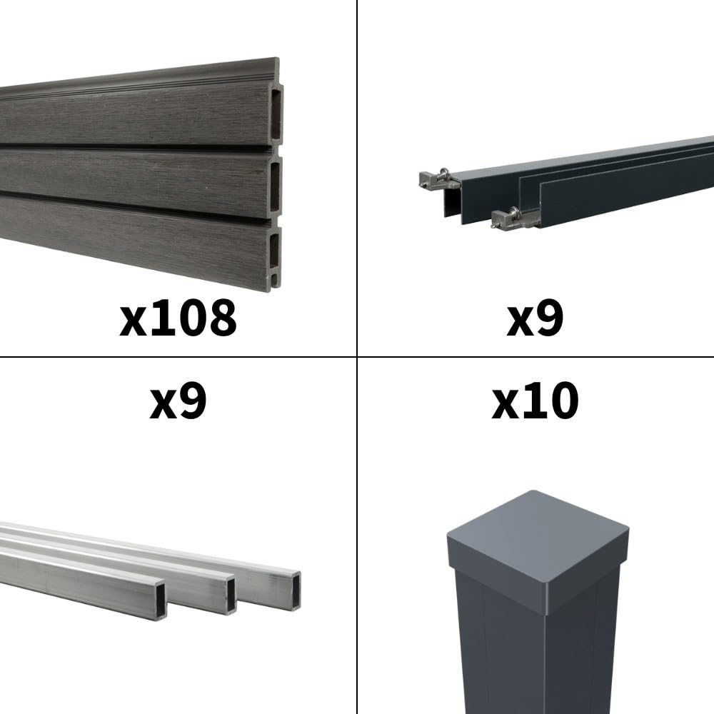 WPC Zaun SANTOS Schiefer 16,5 x 1,8 m – Verbundholz und Aluminium – graue Pfosten – Verdeckung