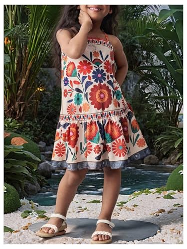 Girl's Boho Print Ruffle Cami Dress Floral Square Neck Spaghetti Strap Summer Beach Dresses2