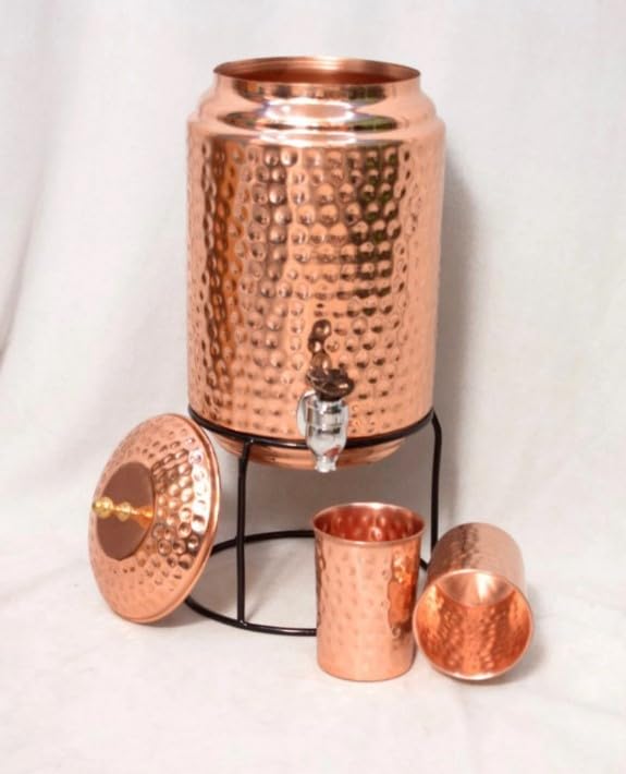 Image of MONISH HANDICRAFTS Metal Copper Water Dispenser 5 Liter with 2 Copper Glasses