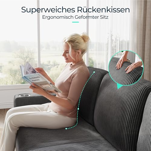 LINSY HOME Loveseat Sofa mit Stauraum – Bequemes Plüsch-Cord-2-Sitzer-Sofa mit Getränkehaltern, Sofa Klein für Kleine Räume, Wohnzimmer, Schlafzimmer, Wohnung