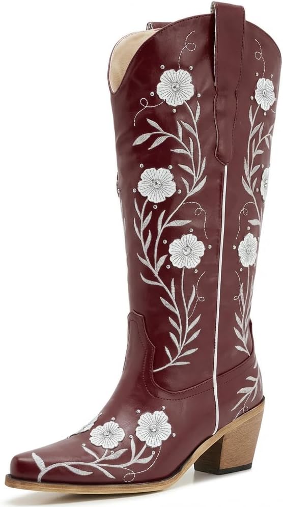 Women’s Wide Calf Turquoise Embroidered Cowgirl Boots – Plus Size Western Knee High Boots with Floral Stitching, Pull On Style and Low Block Heel