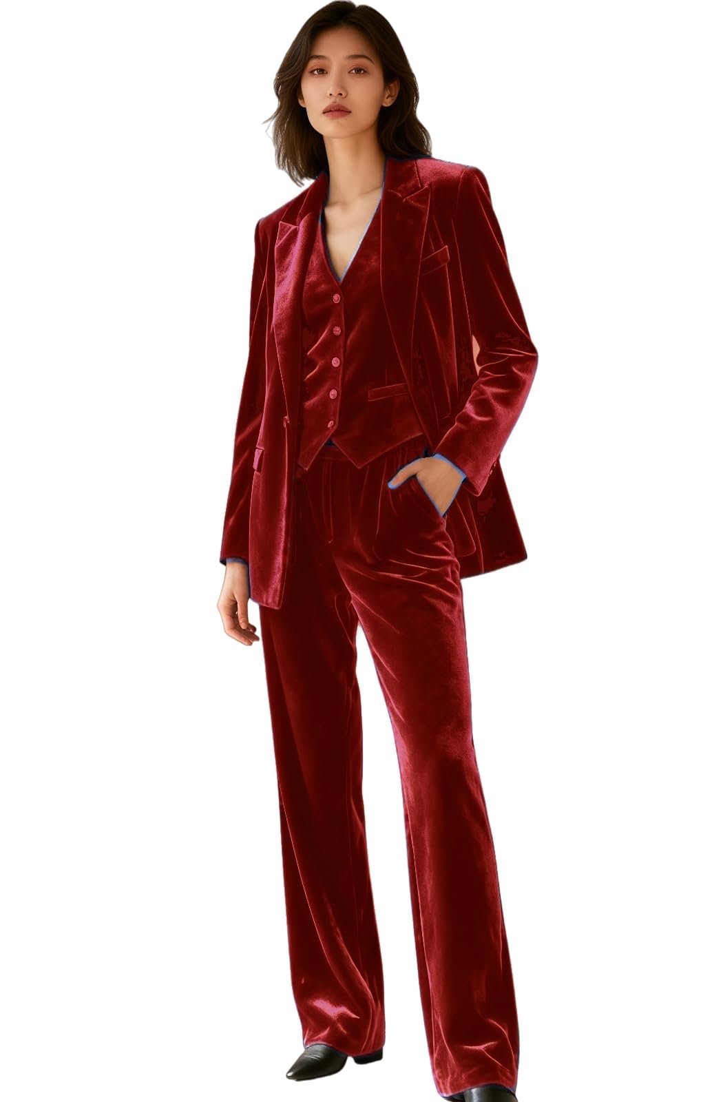 Womens 3 PC Velvet Suit Elegant Single Breasted Womens Pants Suit Office Wedding Outfits