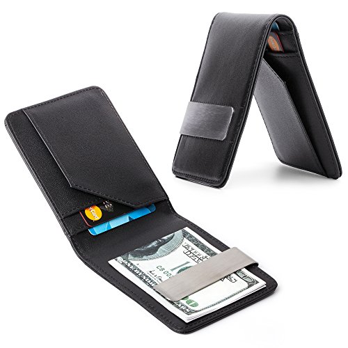 Mens Leather Silver Money Clip Slim Wallets Black ID Credit Card Holder New by unbrand