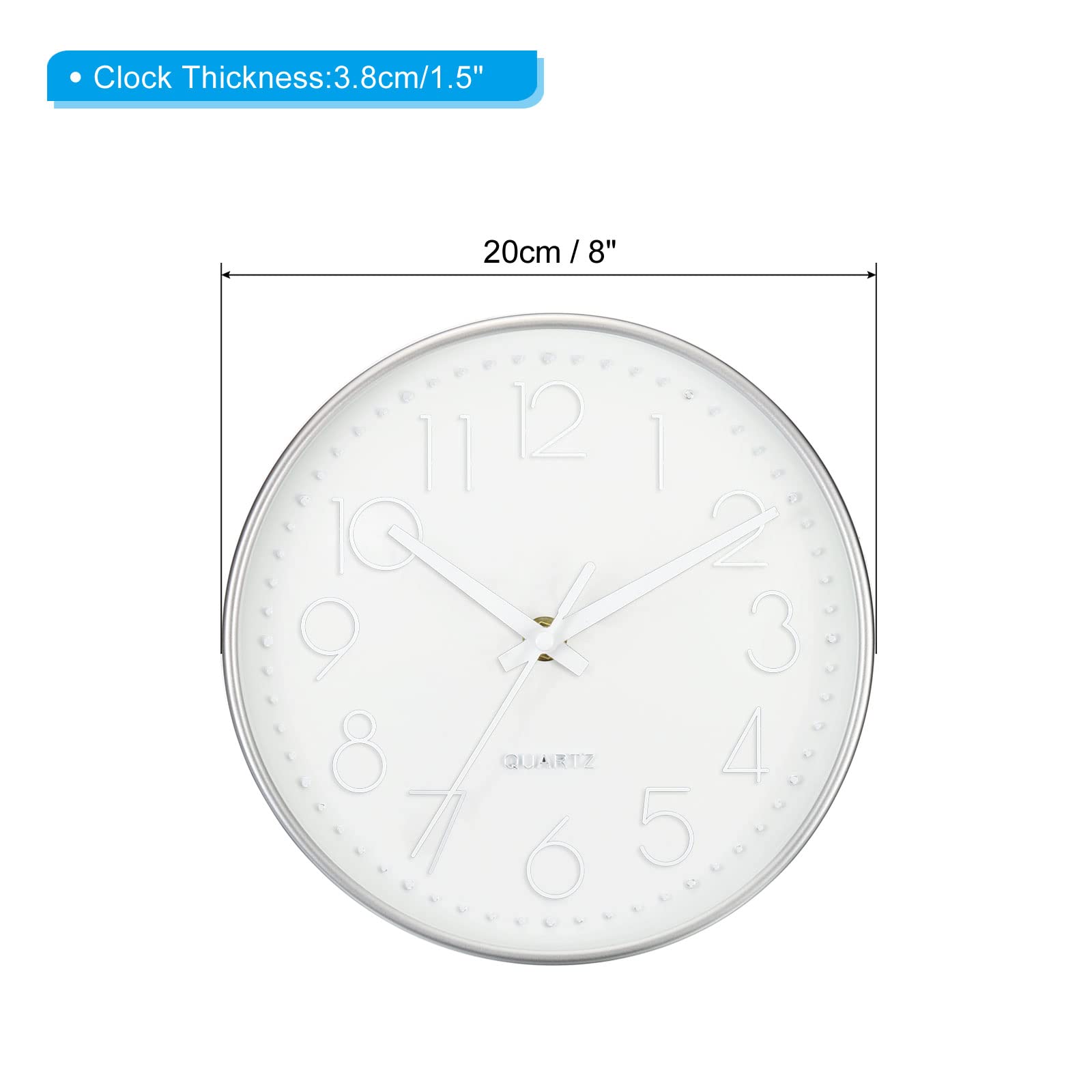 PATIKIL 8 Inch Round Wall Clock, Battery Operated Silent Non-Ticking Wall Clocks with Silver Arabic Numerals for Office Bedroom Kitchen Decor, White
