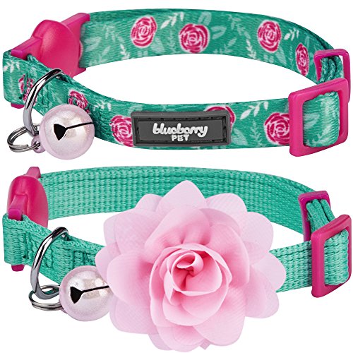 Blueberry Pet Multiple Designs Pack of 2 Cat Collars, The Power of All in One Relaxing Jungle Green Adjustable Breakaway Cat Collar with Bell & Detachable Flower, Neck 23cm-33cm