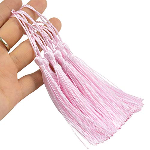 Image of 100pcs 13cm /5 Inch Silky Floss Bookmark Tassels with 2-Inch Cord Loop and Small Chinese Knot for Jewelry Making, Souvenir, Bookmarks, DIY Craft Accessory (Water Pink)