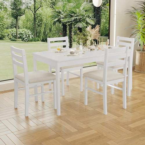 Orweiin 5-Piece Solid Wood Indoor Modern Rectangular Dining Table Set for 4,Table and Chairs 4 Set with Soft Cushions for Kitchen,Bar,Living Room,Breakfast Nook,White