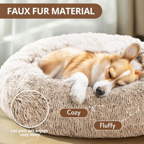 Image of JOLLYVOGUE Calming Dog Beds Large Sized Dog, 36in Donut Washable Large Pet Bed, Anti-Slip & Anti-Anxiety Fluffy Faux Fur Round Dogs Bed, Fits up to 80 lbs Pets (Cream Brown)