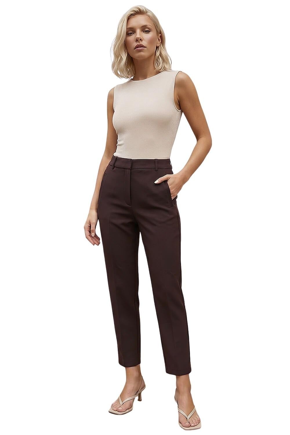 Roman Straight Leg Stretch Trousers for Women UK Ladies Work Office Smart Suit Pants Slacks Cigarette Tailored High Elasticated Waist Ankle Grazer Slim Angela - Dark Brown - Size 10
