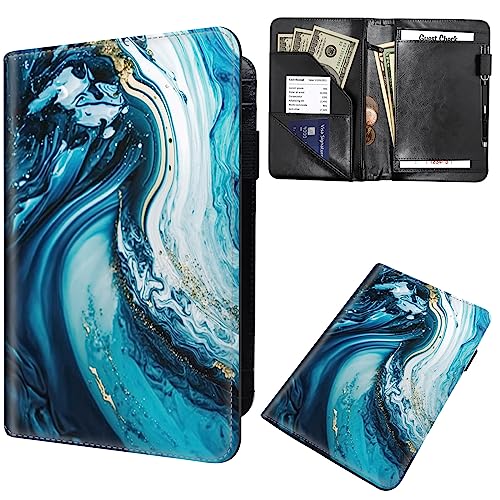 Server Books for Waitress,Leather Waiter Book Server Wallet with Zipper,Cash Check Bill Receipt Holder Presenter,for Bartender,Waiter,Waitress Accessories,Server Apron,Gold Blue Marble