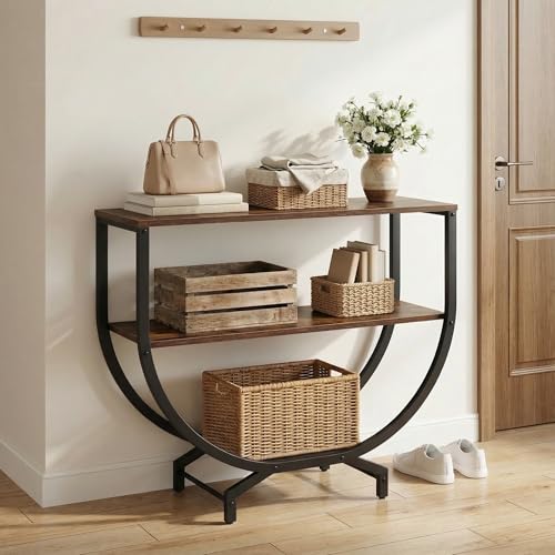 Image of Modern Console Table for Entryway, Brown Wood Finish Top with Black Metal Frame | Narrow Console Table with Storage Shelf | Wooden MDF Console Tables for Living Room, Bedroom & Home Decor | DIY