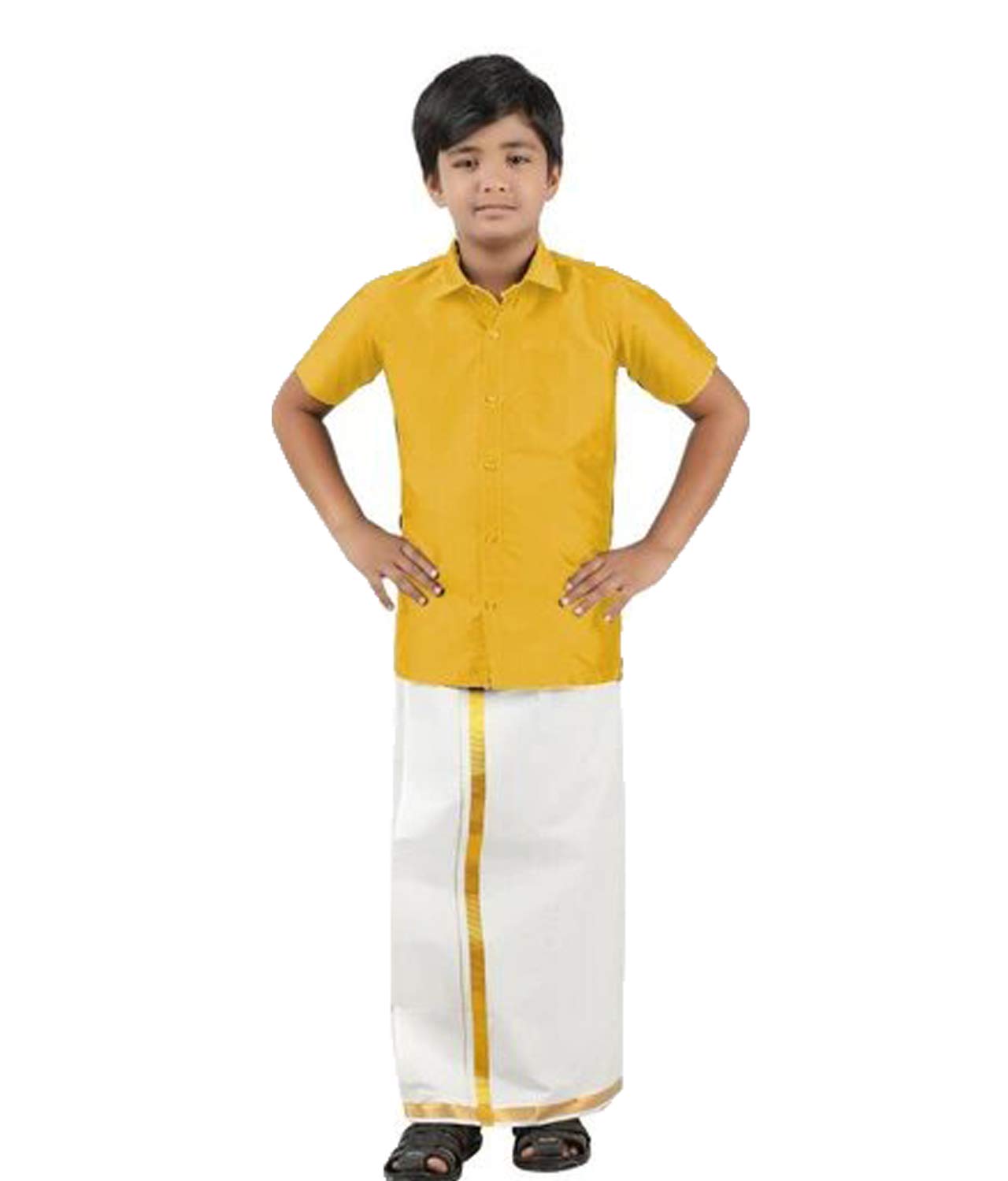 SJS-Boys Pure Cotton Dhoti/Silk Shirt for Traditional Look (Yellow, 7-8 Years) - Image 1