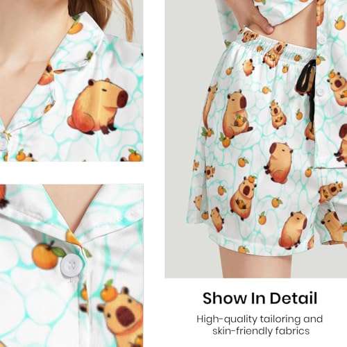 Image of Funny Pajamas for Women Set Print Satin Loungewear Pjs Short Sleeve Button Down Top and Shorts Sets Sleepwear XS-3XL