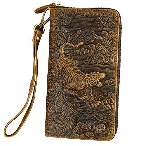 Le'aokuu Unisex Quality Genuine Leather Chain Clutch Hand Bag Organizer Purse Checkbook Zipper Wallet 1016 (W1016 Tiger)
