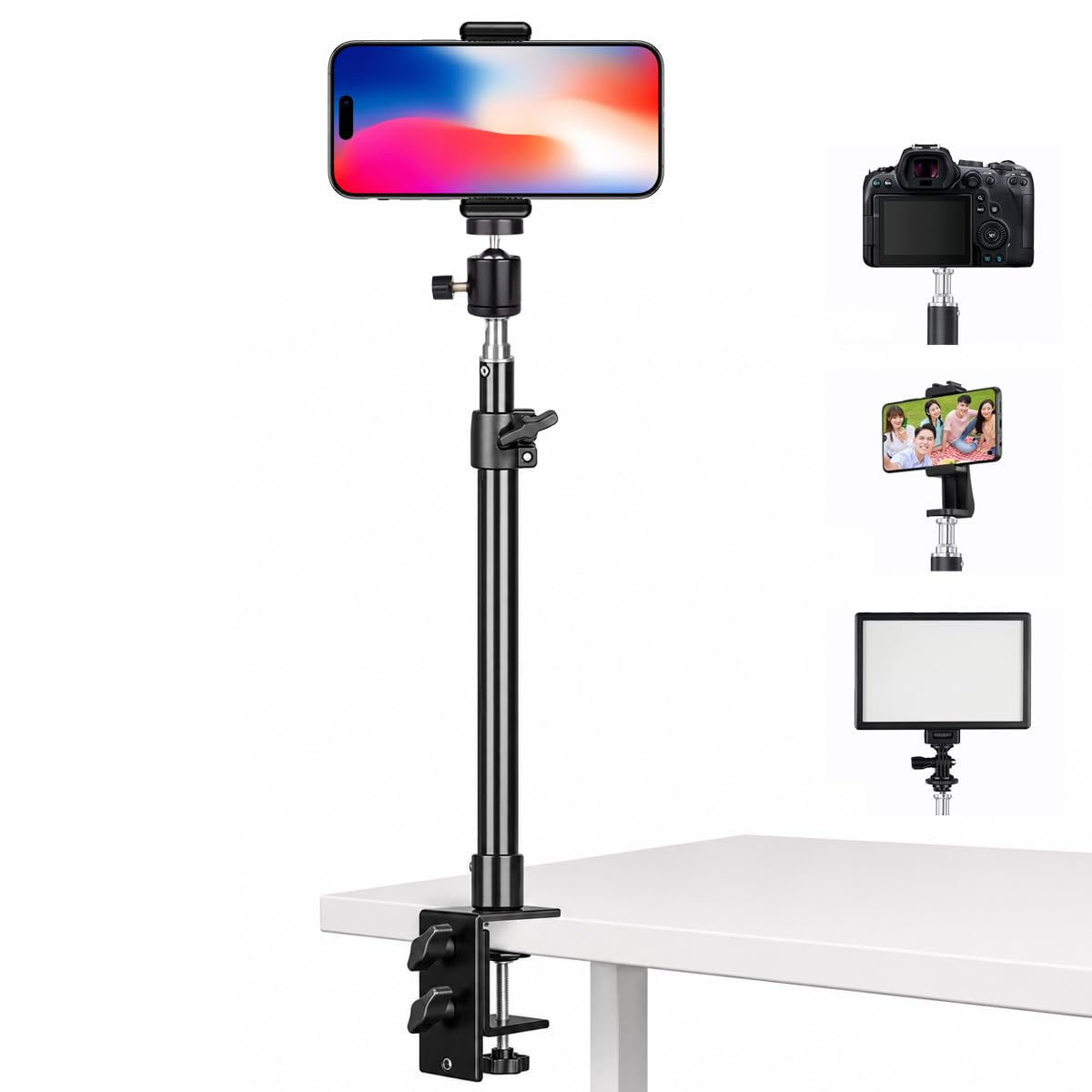 Brolaviya Desk Stand with 1/4" Screw Mount, Adjustable Desktop Mount for Mobile, Ring Light, Camera, Webcam & LED Video Light, 360° Ball Head, Metal Table Clamp Stand for Live Streaming & Recording-image-10