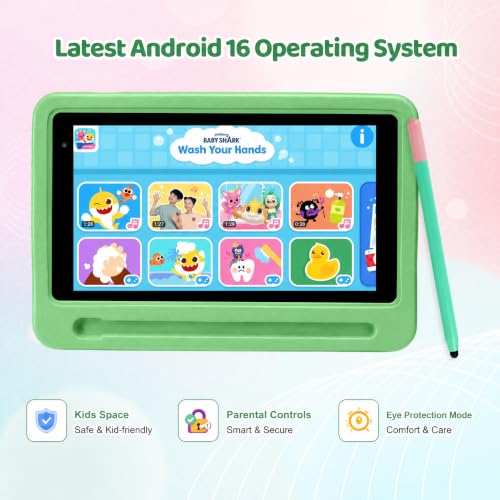 Image of Kids Tablet with Shockproof Case Stylus, Android 16 Tablet for Kids, 24GB RAM 128GB ROM 1TB TF Card Expand, Parental Control, Eye Protection, Dual Camera, 7 inch Tablet, WiFi 6 BT5.4, Green