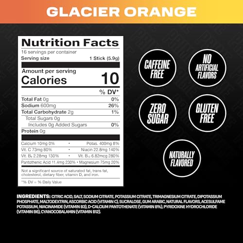 Image of PRIME Rapid Rehydration Electrolyte Powder Sticks, Glacier Orange, Sugar Free Hydration Drink Mix with Sodium, Potassium, Magnesium & B Vitamins to Replenish Fluids, Caffeine Free, 16 Count