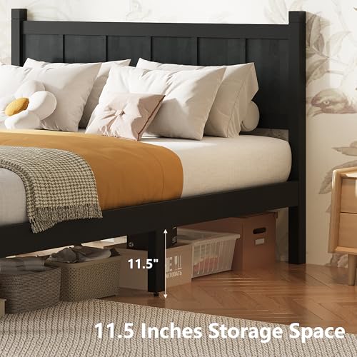 Image of Full Size Vintage Bed Frame with Headboard, Farmhouse Wooden Platform Bed with Under-Bed Storage, Minimalist Modern Wood Grain Finish Bedframe for Bedroom (Black)