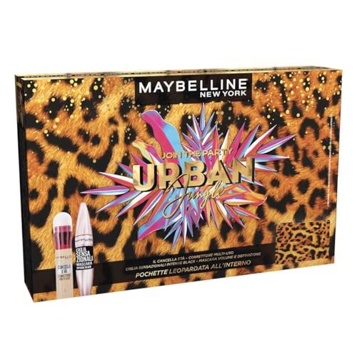 Maybelline New York Kit Make-Up Viso, Composto da Correttore Cancella Età (Fair) e Mascara Ciglia Sensazionali Intense Black, Per un Trucco Occhi Intenso e d'Impatto, Pochette Leopardata Inclusa