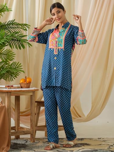 Image of Women's Printed Silk Blend Co-Ord Set Long Sleeves Shirt and Trouser Set for Women | Ethnic Co-Ord Set (RWDROUT1026)