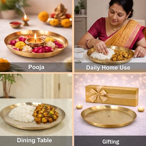 Image of INDIAN ART VILLA Handcrafted Brass Plate /Thali, Matte Finish, Ideal for Serving Food or Home Decor, Diameter - 11 inch
