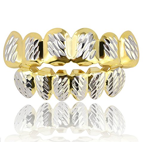 Captain Crafts Gold Plated Veins Hip Hop Fangs Teeth Grillz Caps Top Bottom Teeth Set (Gold and Silver)