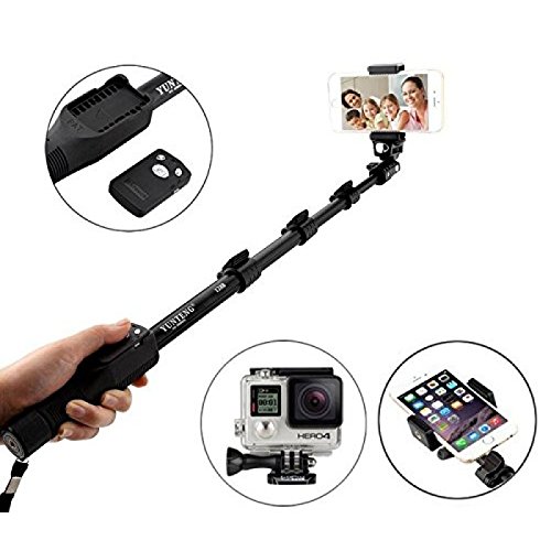 Close-up of the Yunteng YT-1288 selfie stick showing the phone clamp, Bluetooth remote, and a GoPro camera attached.