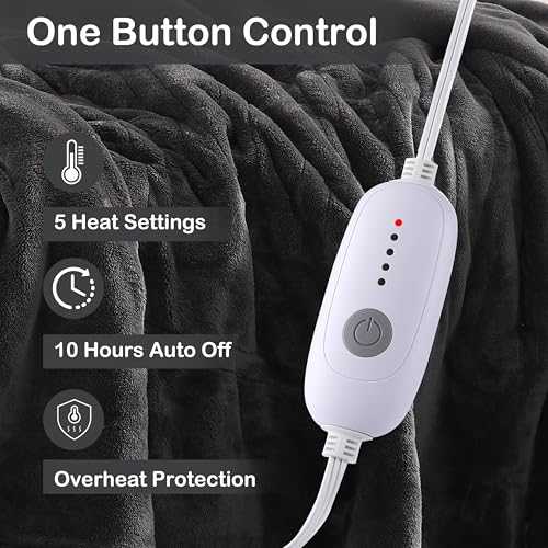 Electric Heated Blanket Full Size 72"x84", Large Oversized, 5 Heating Levels & 10 Hours Auto Off, Cozy for Bed, Sofa & Office, Machine Washable, Dark Gray