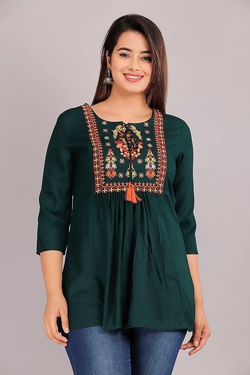 Image of Avayayat Short Kurti for Women | Embroidered Straight Rayon Kurta | Round Neck Full Sleeves Short Kurti for Women's