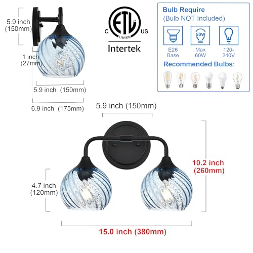 Image of MELUCEE 15 Inch 2 Light Bathroom Wall Lights with Blue Striped Swirl Glass Shade, Black Bathroom Lights Over Mirror Vanity Lighting Fixtures Wall Lamp for Bathroom, Living Room, Hallway