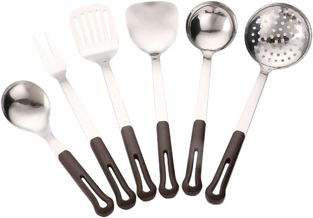 Kochutensilien, Küchenutensilien-Set aus Stahl, antihaftbeschichtet und hitzebeständig, beste Küchenutensilien, 6 Küchenutensilien-Sets natürlichem Holzsilikon, Kochutensilien-Sets